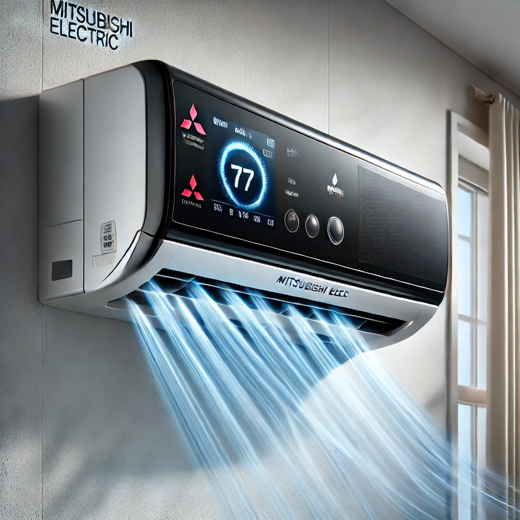 DALLE 2025 05 13 13.07.53 A close up of a Mitsubishi Electric split system indoor unit mounted on a wall showing the unit in operation. The unit has a sleek modern design wit